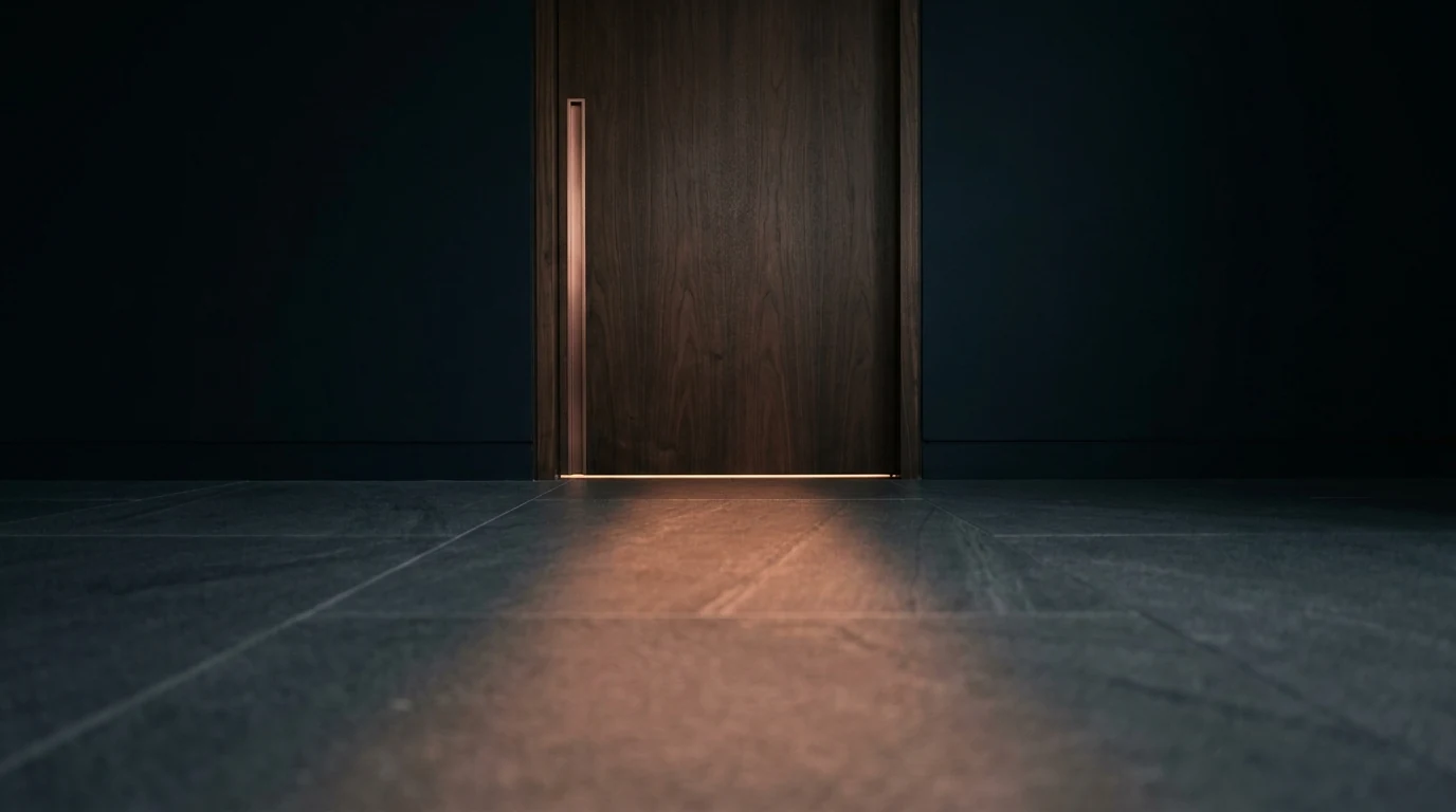 A closed walnut door in a dark navy hallway, with a thin seam of warm light still burning underneath it