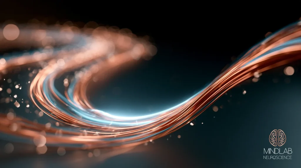 Copper neural filaments sweeping through deep navy with a blue-white signal running along the bundle