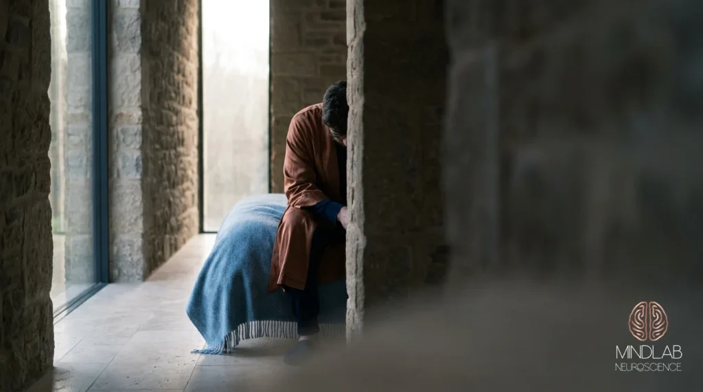Seated figure at a tall window with head bowed and face hidden, lit by pale morning light in a stone passage