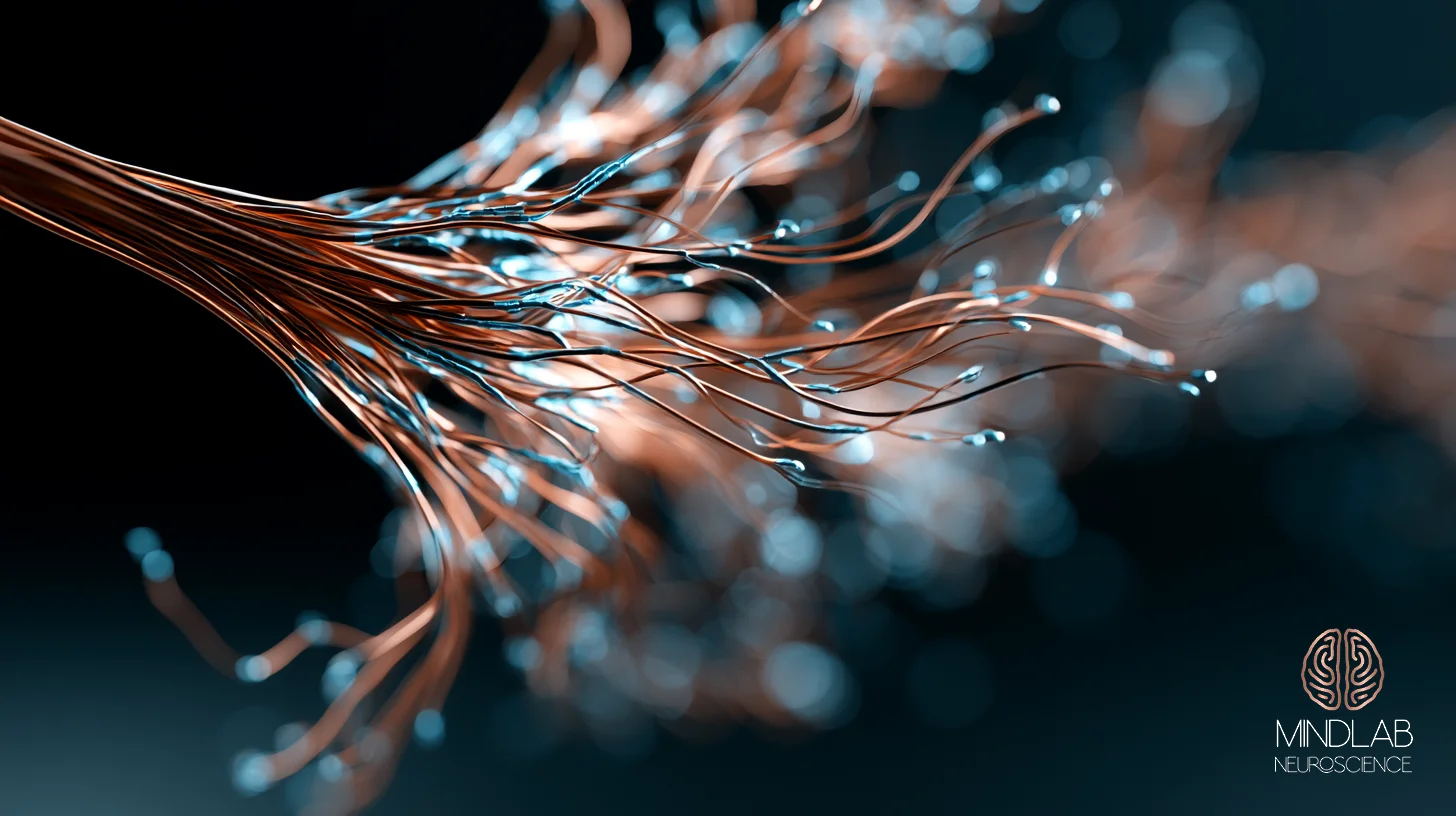 Copper reward pathway fanning outward into blue illuminated endpoints against a deep navy field