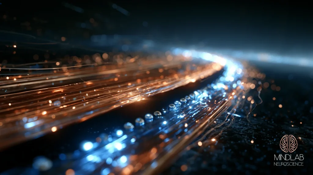 Copper filaments carrying clustered blue receptor nodes that glow along the pathway against deep navy
