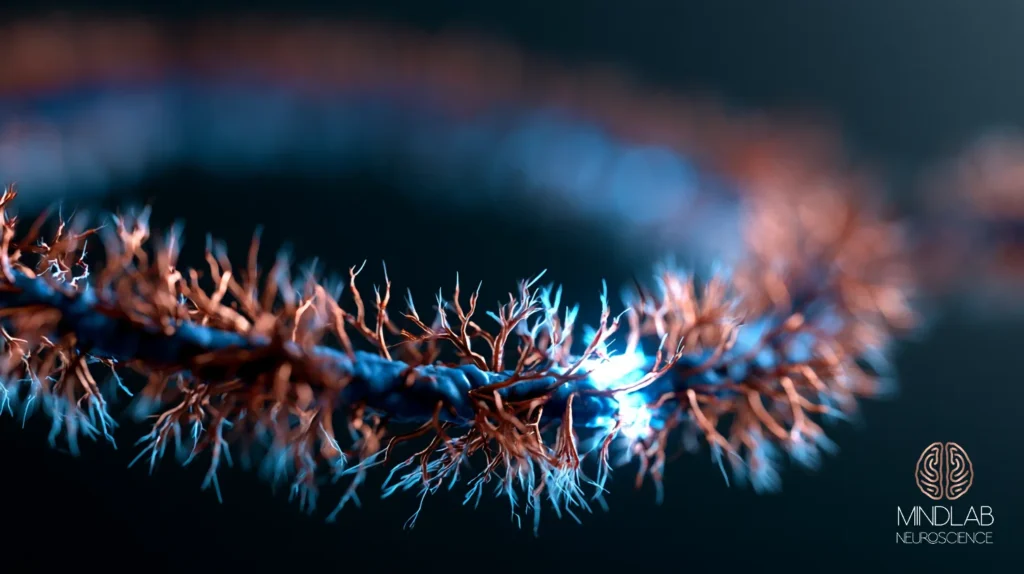 A closed copper neural loop ringed with fine filaments, one segment burning brighter against deep navy