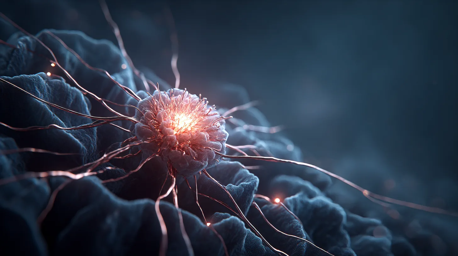 Glowing copper limbic core with radiating neural filaments in dark brain tissue, emotional regulation