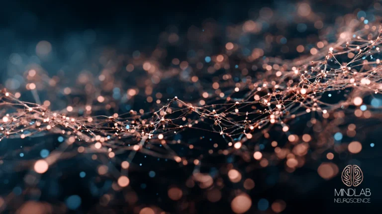 Dense copper neural network suspended in deep navy, its lit connections dissolving into unresolved depth below