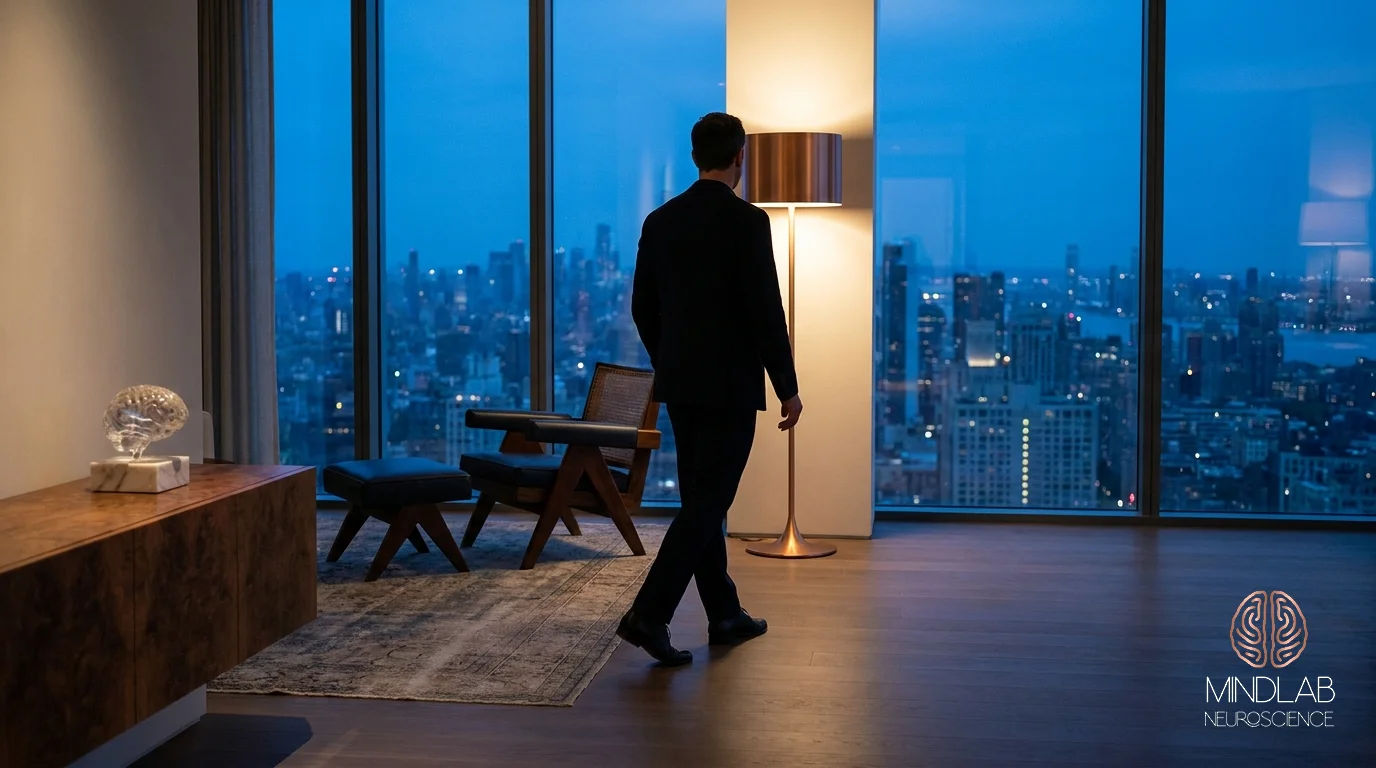 Executive walking alone past a penthouse window at dusk, turned away from camera, after a year of work that did not hold