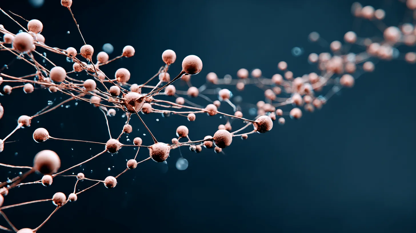 Interconnected copper neural network of nodes and filaments on deep navy, an executive brain network