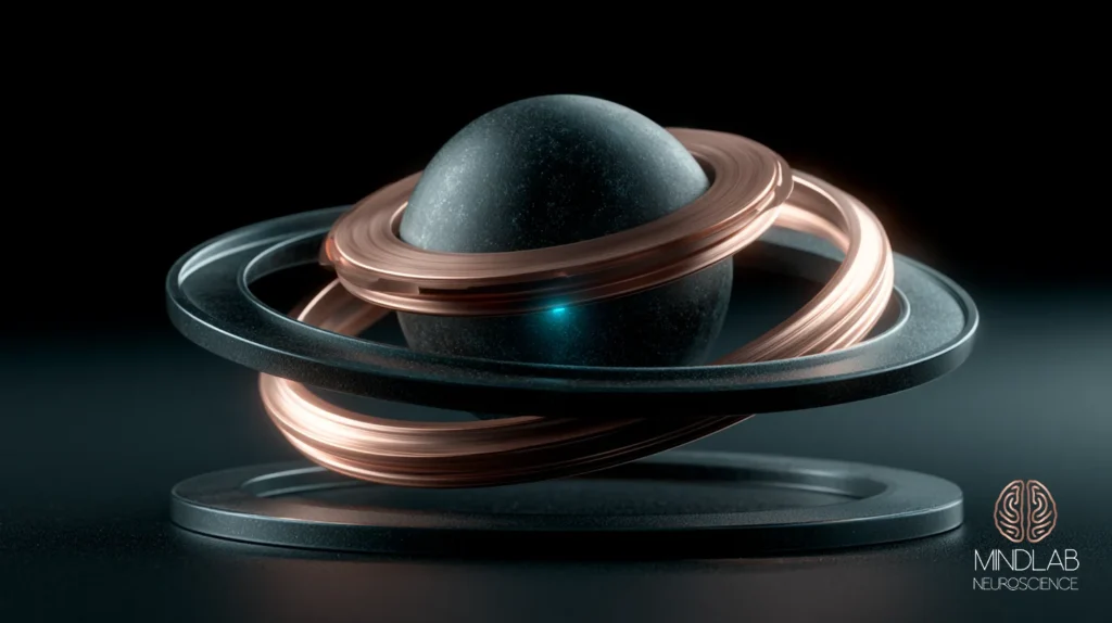 Copper and gunmetal rings nested around a dark sphere on a low metal base, one blue point lit at its core