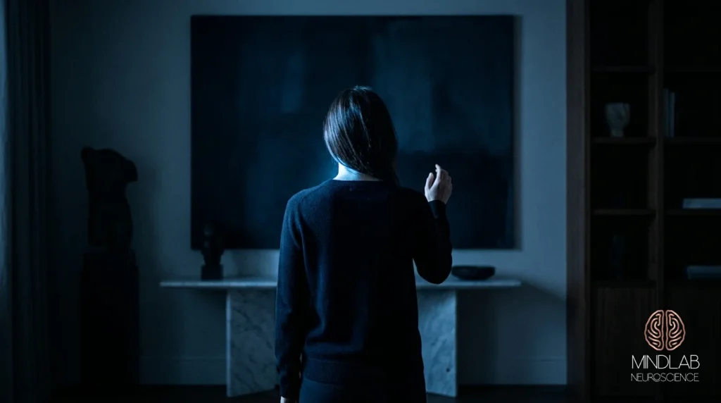 Figure seen from behind in a dim room, hand raised toward a large dark framed artwork