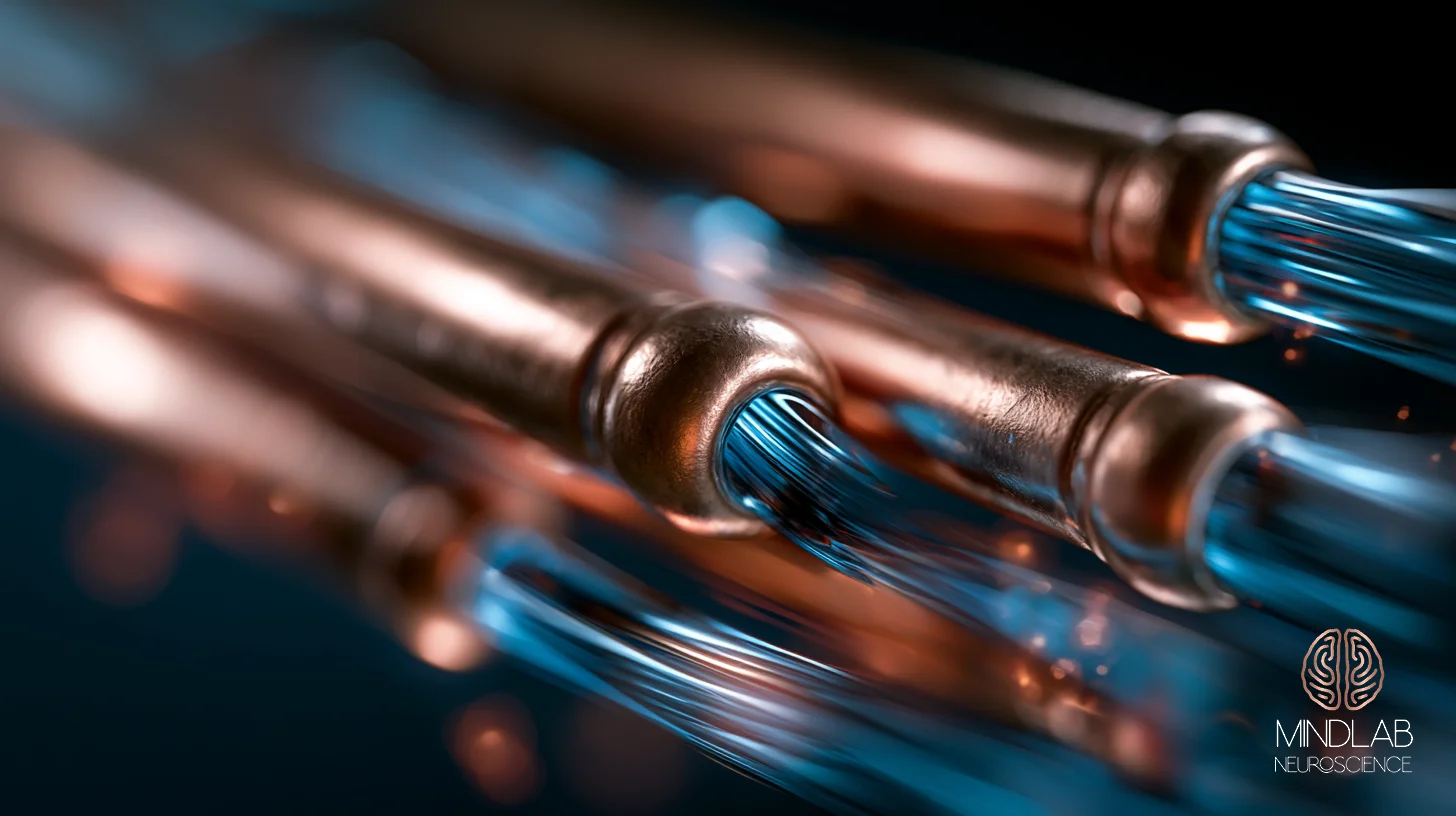Copper couplings joining bundles of blue lit filaments that stream away into deep navy