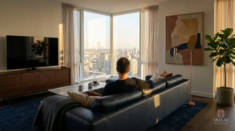 Man alone on a sofa at golden hour looking out over the city, two cups left on the table
