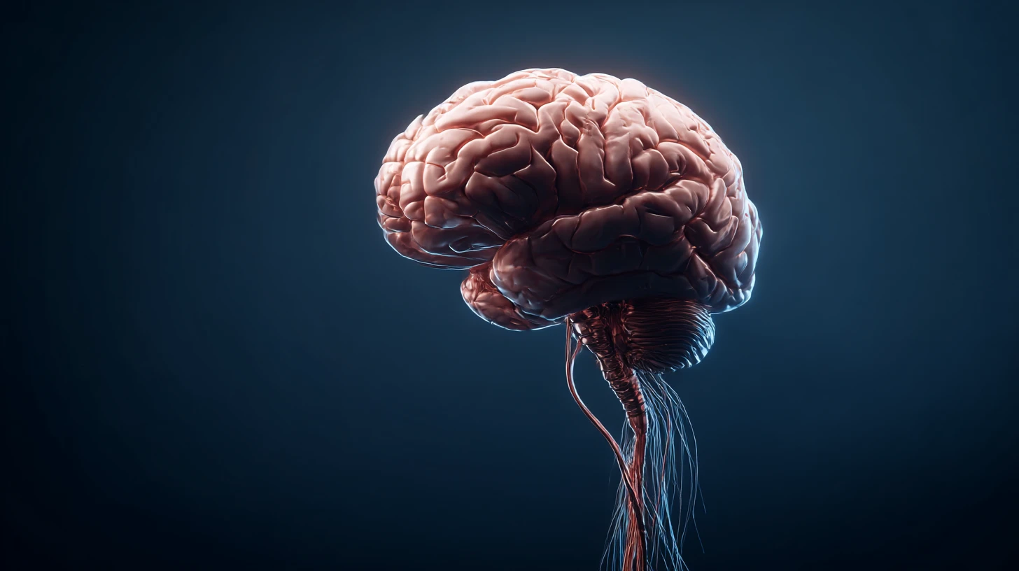 Copper anatomical brain with descending vagus nerve filaments on deep navy, parasympathetic calm