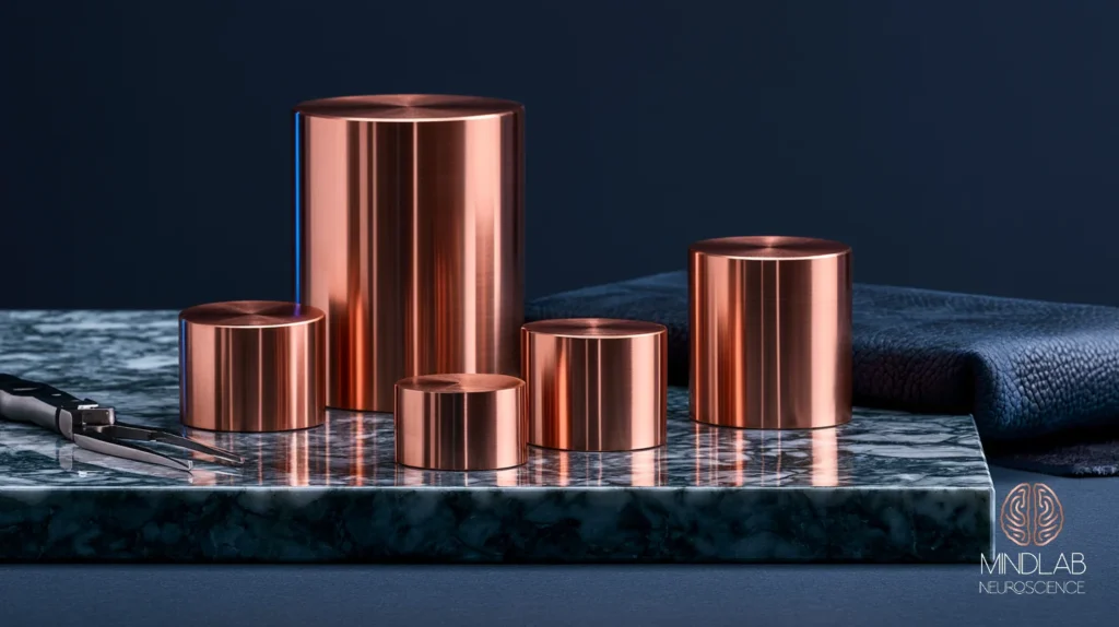 Four graduated copper calibration cylinders standing on a dark marble slab against deep navy