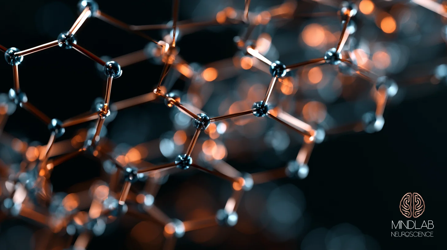 Copper lattice of rods meeting at pale blue junction nodes, receding into a deep navy field