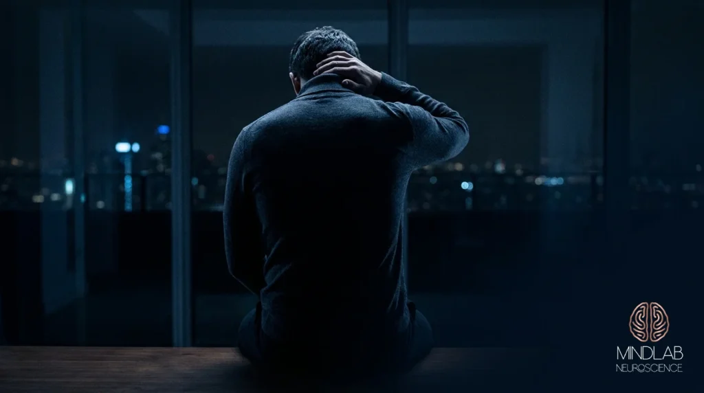 Seated figure seen from behind with a hand at the back of the neck before a darkened window