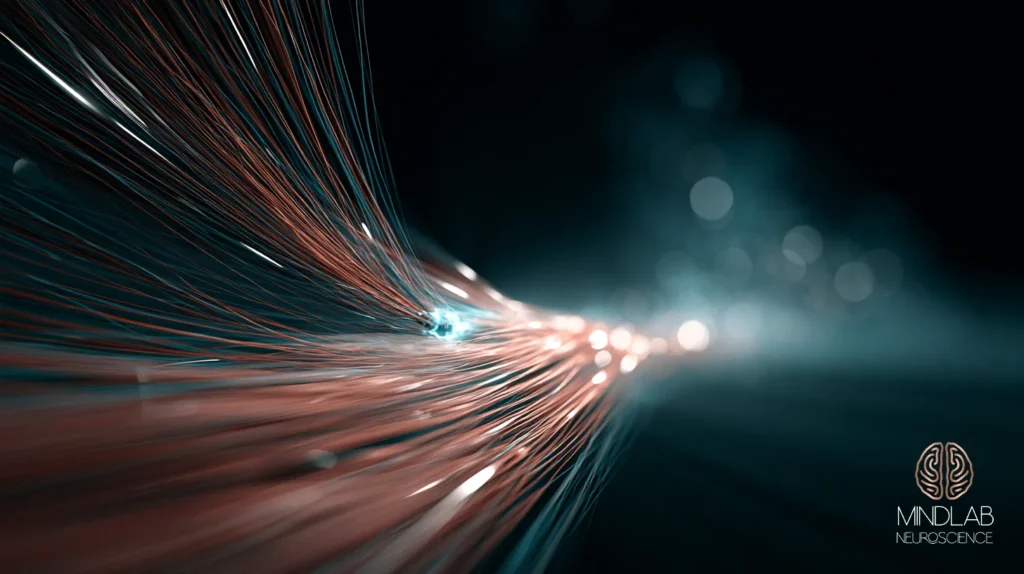 Fine copper and teal filaments converging into a single bright focal point against deep navy