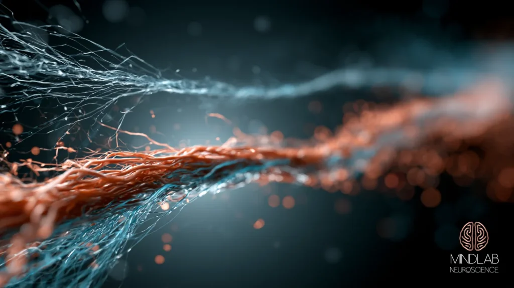 A fraying pale filament spray beside a densely braided copper cord running through deep navy
