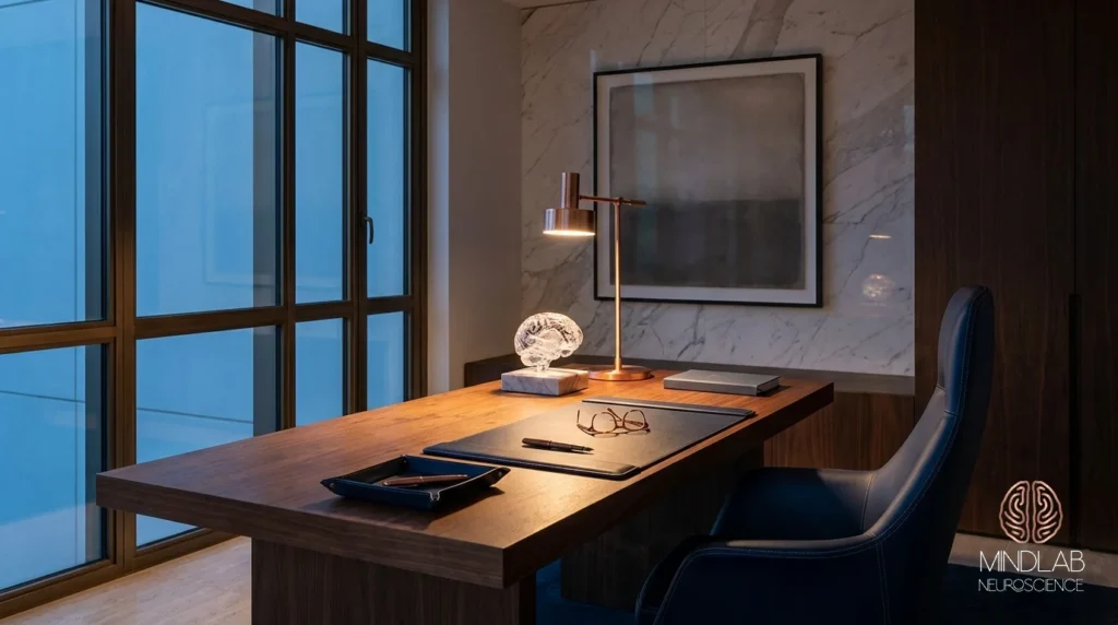 Private study at dusk with a wooden desk, a copper task lamp and city windows beyond
