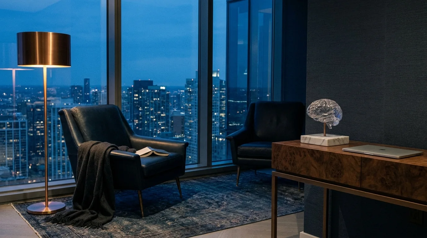Empty private office at dusk, one chair turned to the window with a throw slipping off the arm and a book left open